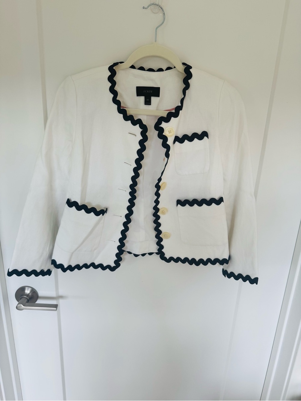 J. Crew White Lady Jacket with Navy Rickrack Trim 00 NWOT - Picture 2 of 7